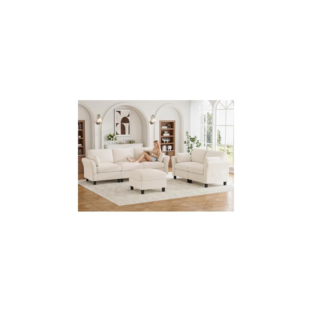 Legend Vansen Modular Sectional Sofa, 6‑Seat Comfy U‑Shaped Sectional Couch with Storage Space and Chaise, Convertible Sectional Couches for Living Room,Sofas Set with Curved Armrests,Cream