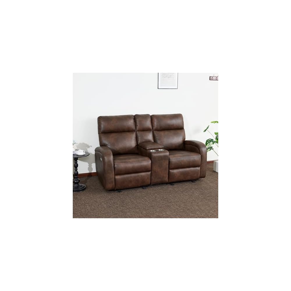 MCombo Zero Wall Recliner Loveseat, 2-Seat Power Wall Hugger Sofa with USB & Type-C Dual Ports, for Small Space Living Room RV, Faux Leather PR646 (Dark Brown, Loveseat with Console)