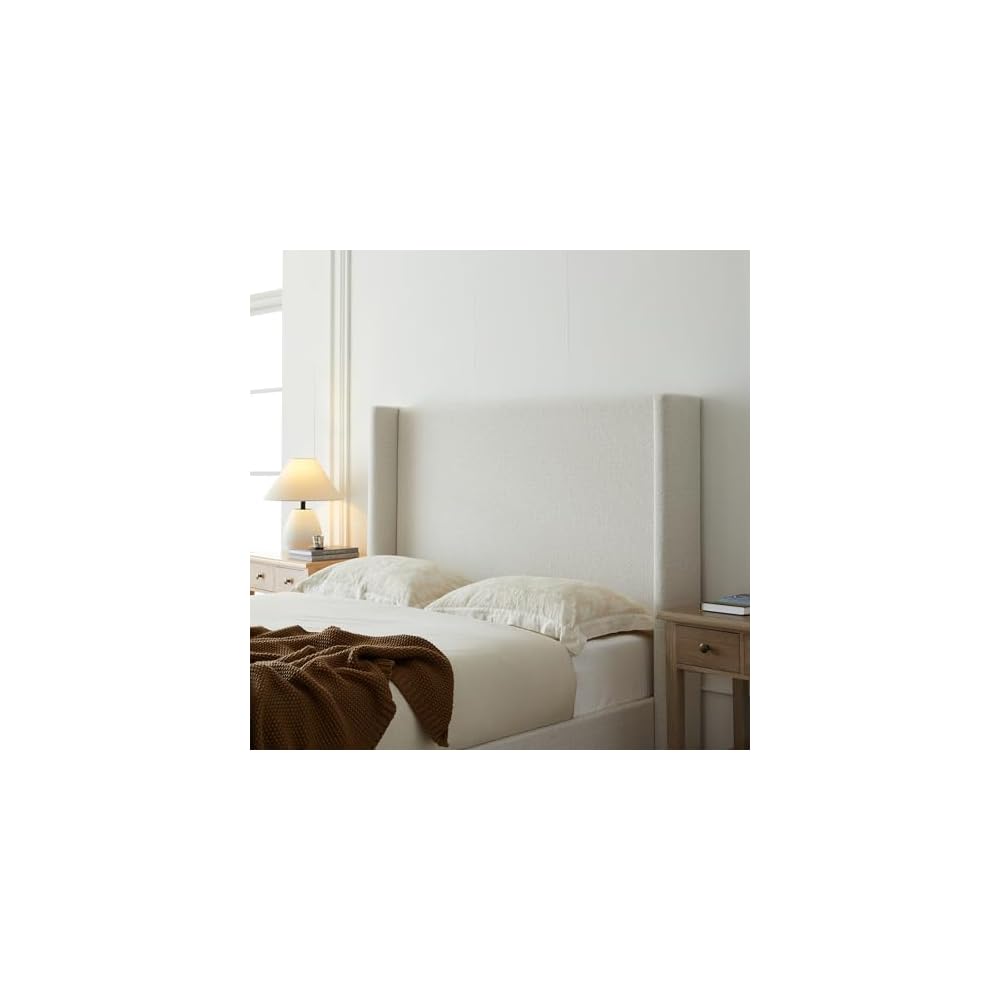 53.1" Extra-Tall Wingback Bed Frame - Luxury Cream White Boucle Upholstered Platform Bed with Gray Oak Wood Base, Heavy Duty 1000lbs, No Box Spring Needed, Noise-Free (Queen)
