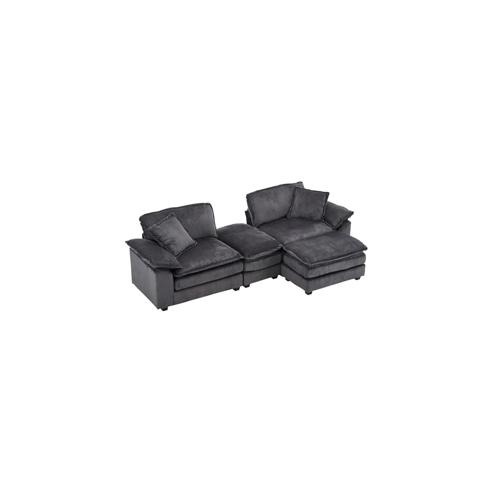 84.6'' Modular Sectional Sofa for Living Room, Comfy Corduroy Double Layer Upholstered Loveseat Sofa, Sleeper Sofa Cloud Couch with Moveable Ottoman, 2 Pillows and Detachable Armrest, Grey