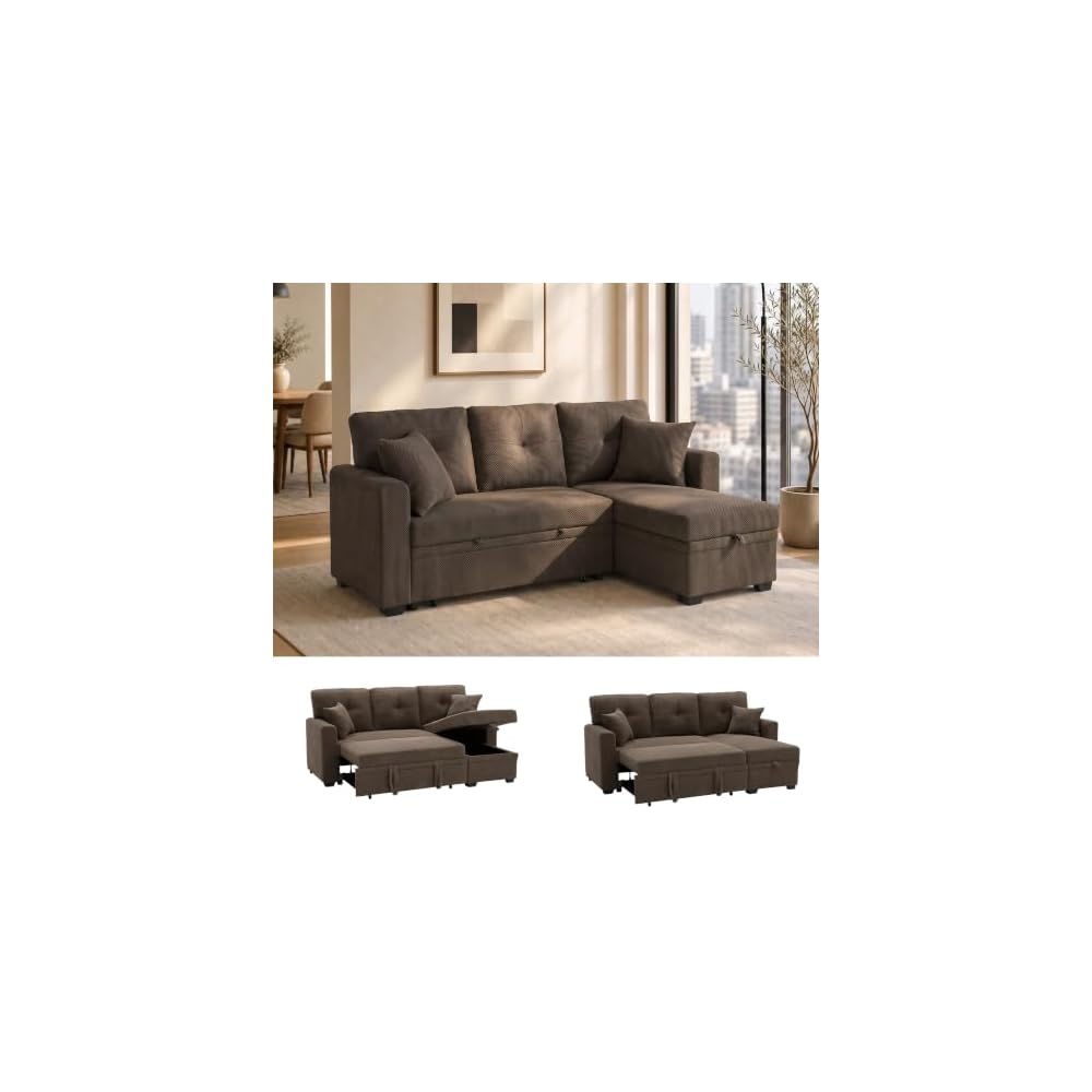71" L-Shaped Couch with Pull-Out Bed, Linen-Look Fabric, Brown