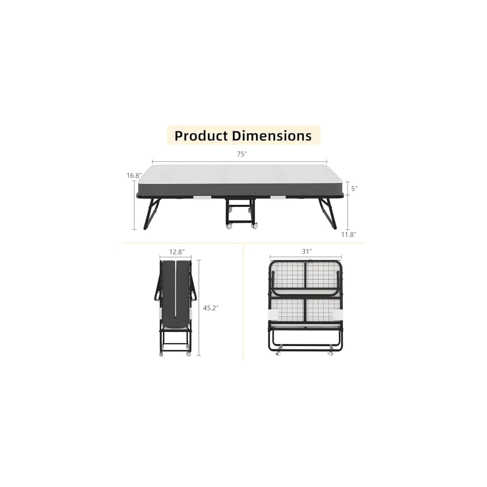Folding Bed with Mattress, Portable Rollaway Bed for Adults - Foldable Cot Size Bed Frame with 5" Memory Foam Mattress and Storage Cover, Guest Day Bed with Metal Fold Up Bed on Wheels, 75"x31"