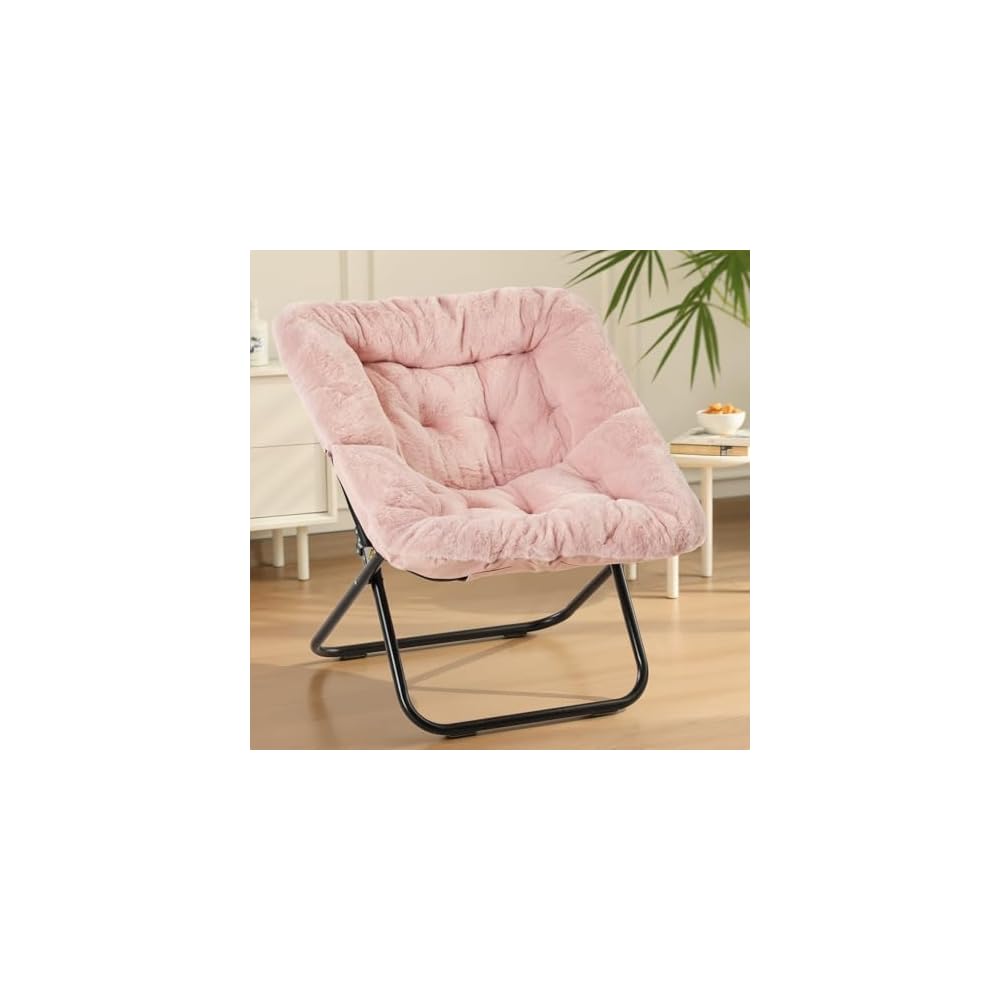 Sweetcrispy Saucer Chairs, Comfy Folding Cozy Faux Fur Living Room Reading Lounge Chair with Soft Thick Padded Seat & Metal Frame Modern Style Bedroom Home Dorm for Kids Adults, X-Large - Peach