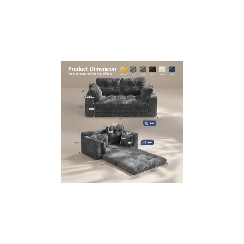 Homkdom Boneless Loveseat Sofa, Convertible Sofa Bed for Small Spaces, Grey