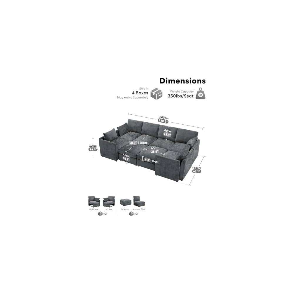 Tbfit Modular Sectional Couch 8 Seat, Cloud Sofa for Living Room, Chenille Sofa Set with Ottoman, Grey