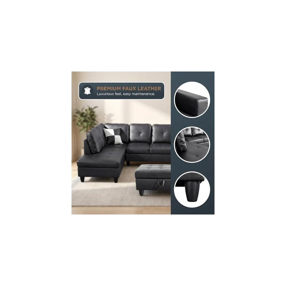 103.5" Modular Leather Sectional Sofa, 4-Seat L-Shaped Couch with Chaise & Storage Ottoman, 3-Piece Convertible Living Room Furniture Set for Apartment Office, Black
