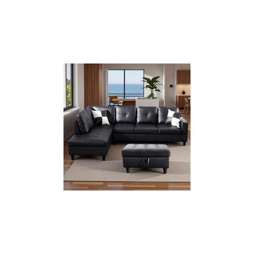 103.5" Modular Leather Sectional Sofa, 4-Seat L-Shaped Couch with Chaise & Storage Ottoman, 3-Piece Convertible Living Room Furniture Set for Apartment Office, Black