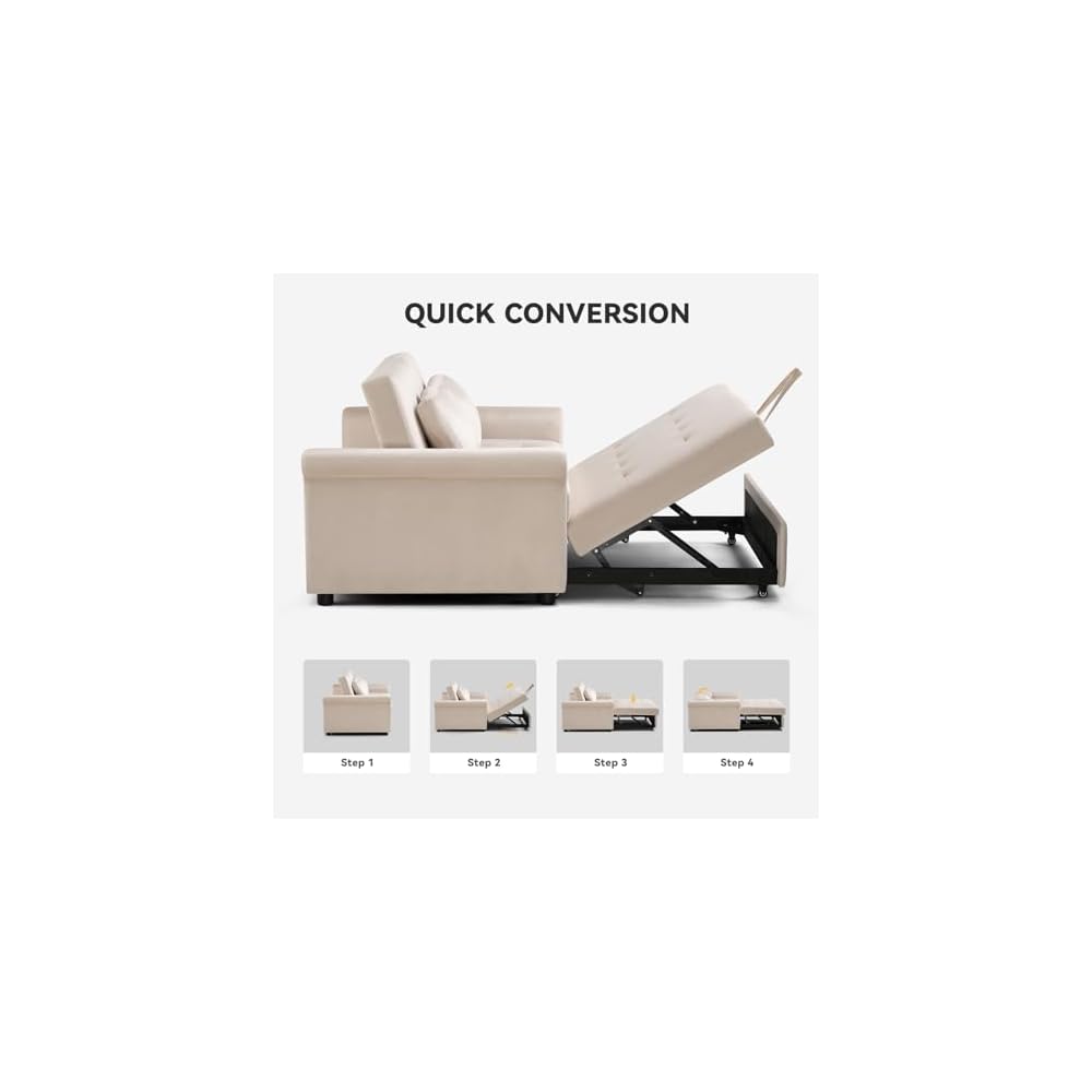 COMHOMA Convertible Sofa Bed,55" Sleeper Sofa Bed, 3-in-1 Pull Out Couch Bed with Reclining Backrest and Pillows, Full Convertible Sleeper Loveseat for Living Room (White)