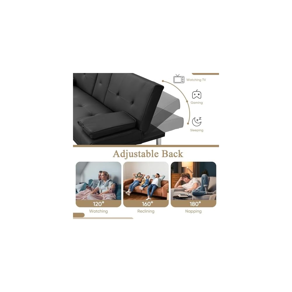Convertible Folding Futon Sofa Bed with Metal Legs & 2 Cupholders, (Black)