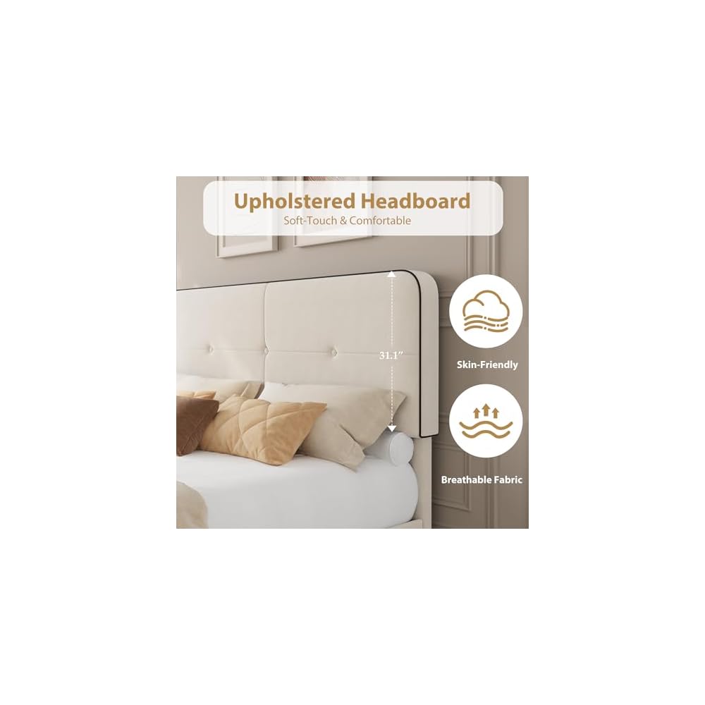 IDEALHOUSE Queen Size Platform Bed Frame with Velvet Headboard, White