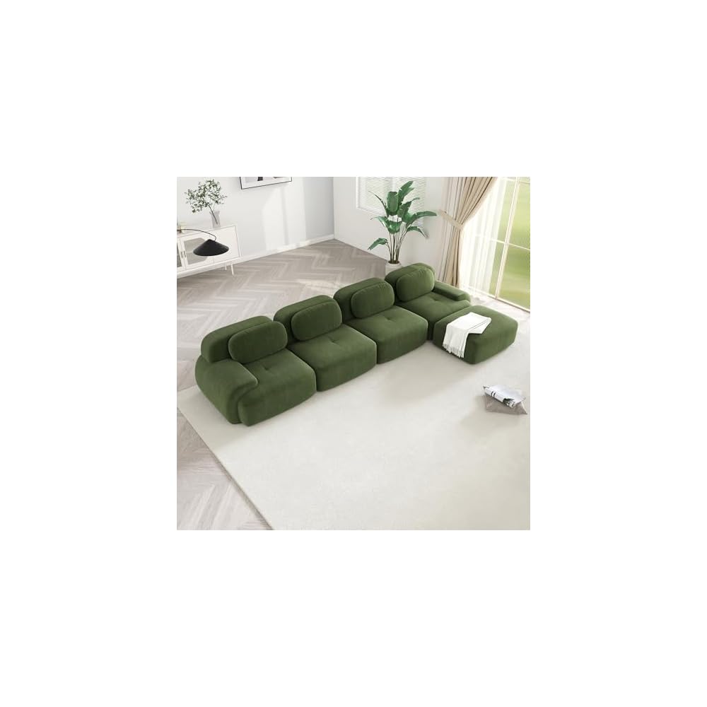 Modular Sectional Sofa Boneless Couch, Cloud Sectional Couches for Living Room, Oversized L Shaped Couch with Deep Seat and Ottoman, Comfy Corduroy Upholstery Green Couches, No Assembly(4S+1O)