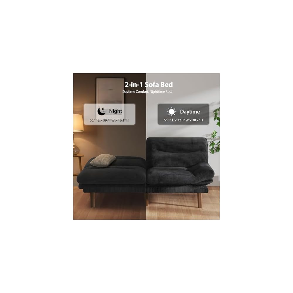Pipishell 66" Futon Sofa Bed, Convertible Corduroy Space-Saver Couch with Adjustable Back & Armrests, Recliner Sleeper for Small Apartments, Office, Guest Room (Black)