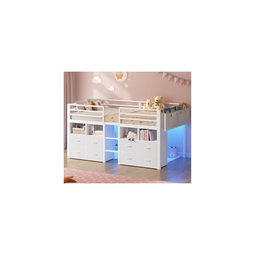 ADORNEVE Low Loft Bed Twin Size with 8 Storage Drawers for Kids, White