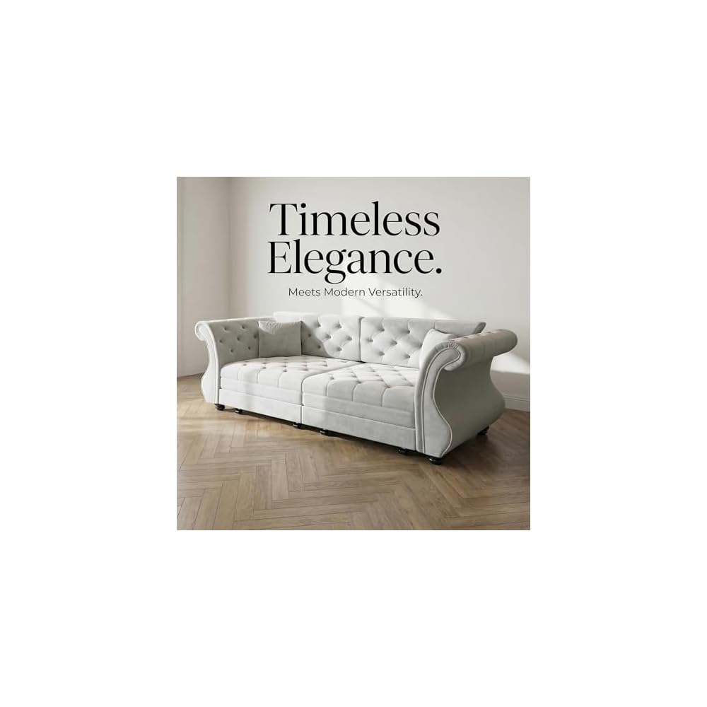 83.8" Queen Size Sleeper sofa bed, 3-in-1 Convertible Oversized Chesterfield Pull Out Couch, Roll Arm Velvet Couch with Flower Tufting, Upholstery for Living Room/Bedroom/Apartment, Light Grey