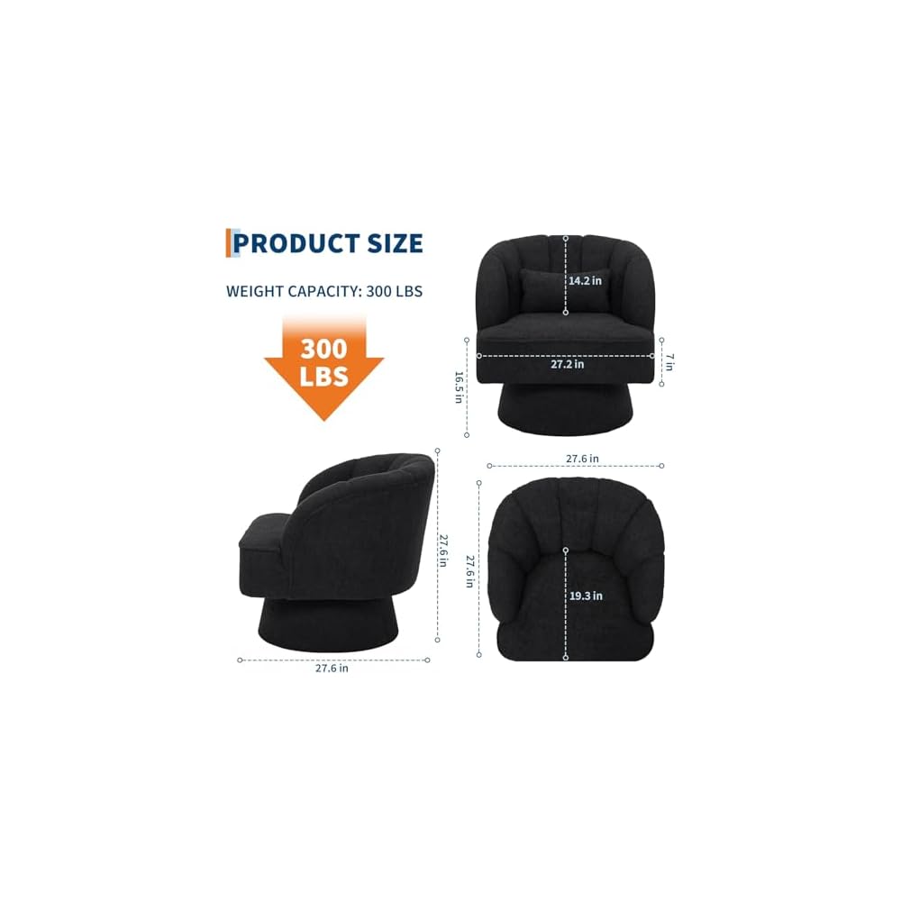 Set of 2 Modern Teddy Fabric Swivel Barrel Chairs, 360° Rotating Lounge Armchairs with Striped Backrest and Soft Cushion, Comfy Accent Chairs for Living Room, Bedroom, or Reading Nook, Black