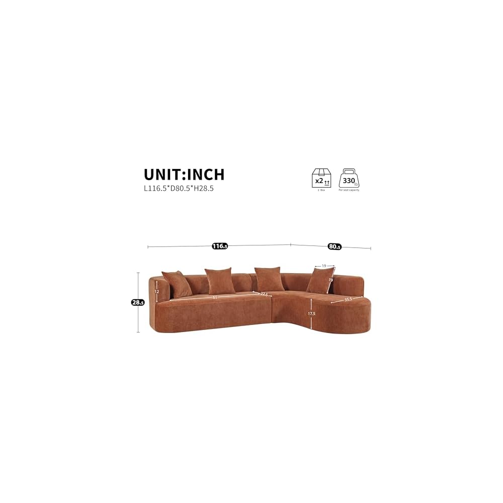 116.5" Boneless Curved Cloud Couch, Oversized L-Shaped Sofa 4 Seater Sectional, Chenille Wrinkle-Resistant, High-Resilience & Memory Foam, No Assembly, with 4 Accent Pillows (Orange)