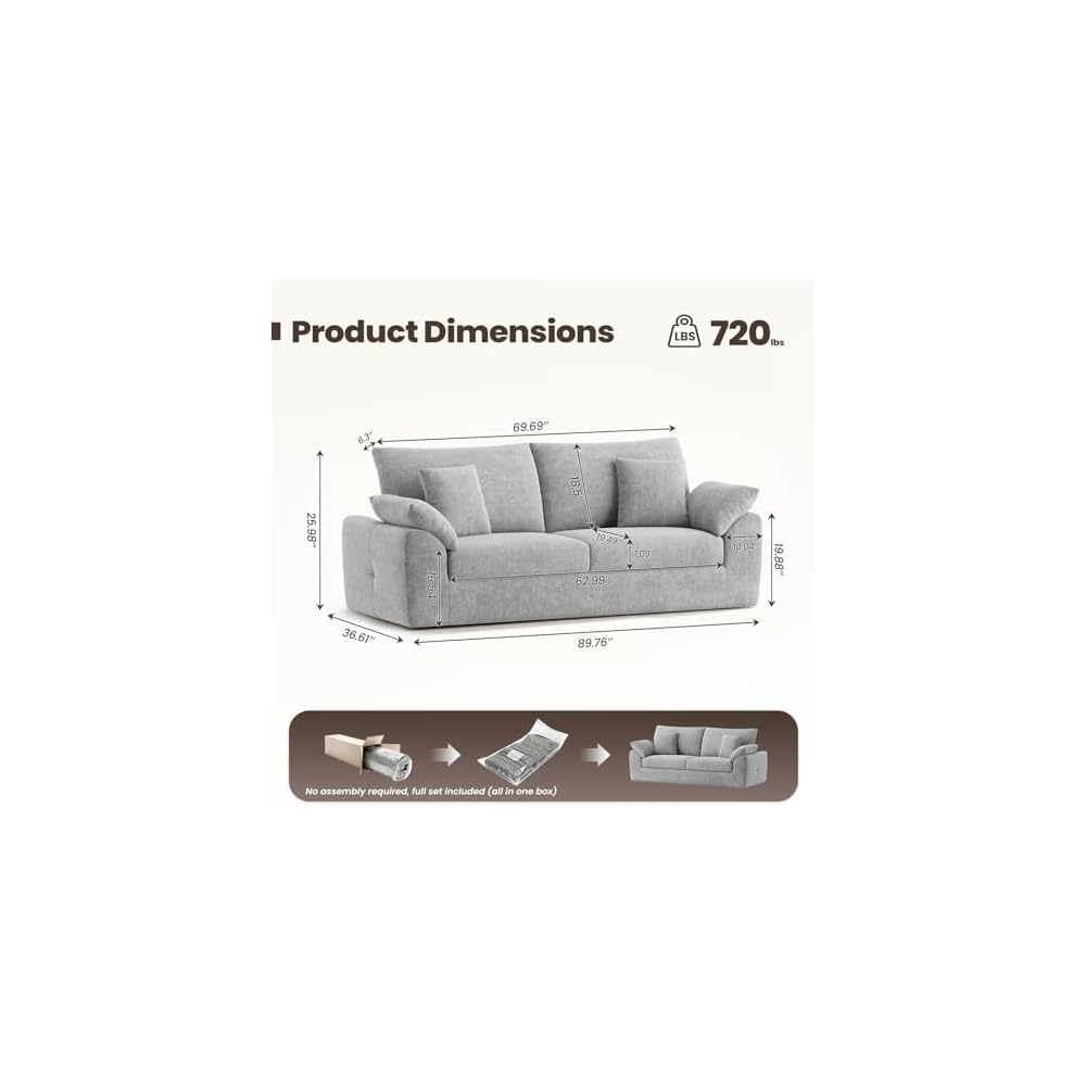 89.8" Cloud Boneless Sofa, Light Grey 2-Seater Loveseat Couch with 4 Pillows, Modern No Assembly Living Room Sofa for Small Spaces, Apartment, Bedroom
