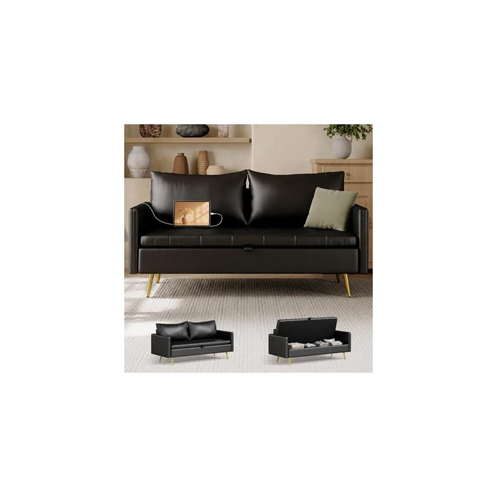 Mid Century Modern 60 In Black Loveseat Storage Sofa 2 Seat With USB Ports