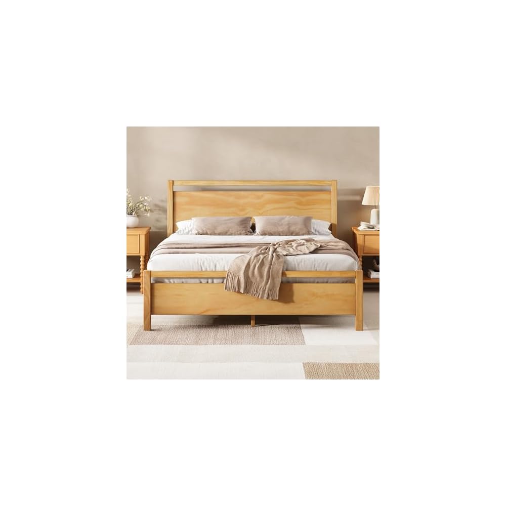 AMERLIFE Minimalist King Size Solid Wood Bed Frame with Headboard