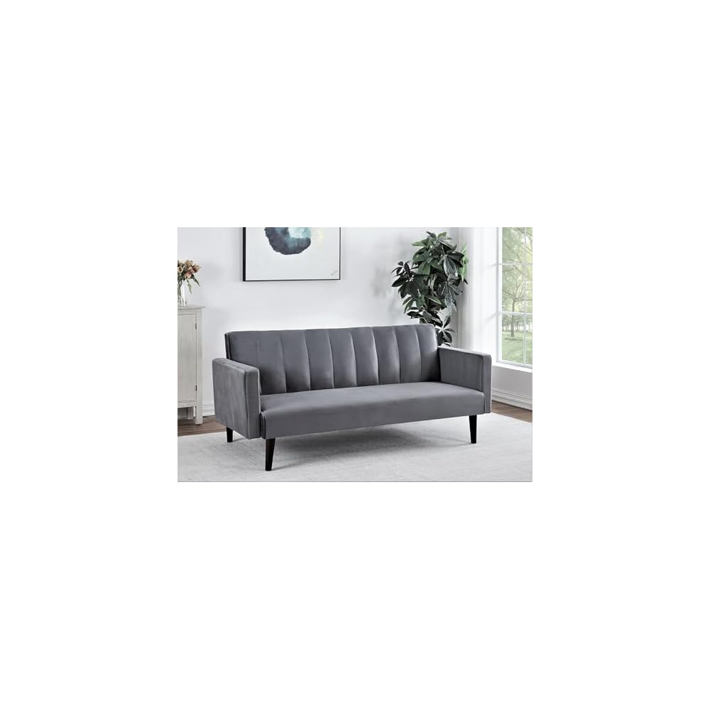Container Furniture Direct 72" Velvet Convertible Futon Sofa Bed - Full Out Twin Sleeper Couch w/Channel Stitch, Wood Frame & High-Density Foam - Space-Saving for Apartments/Dorms, Grey