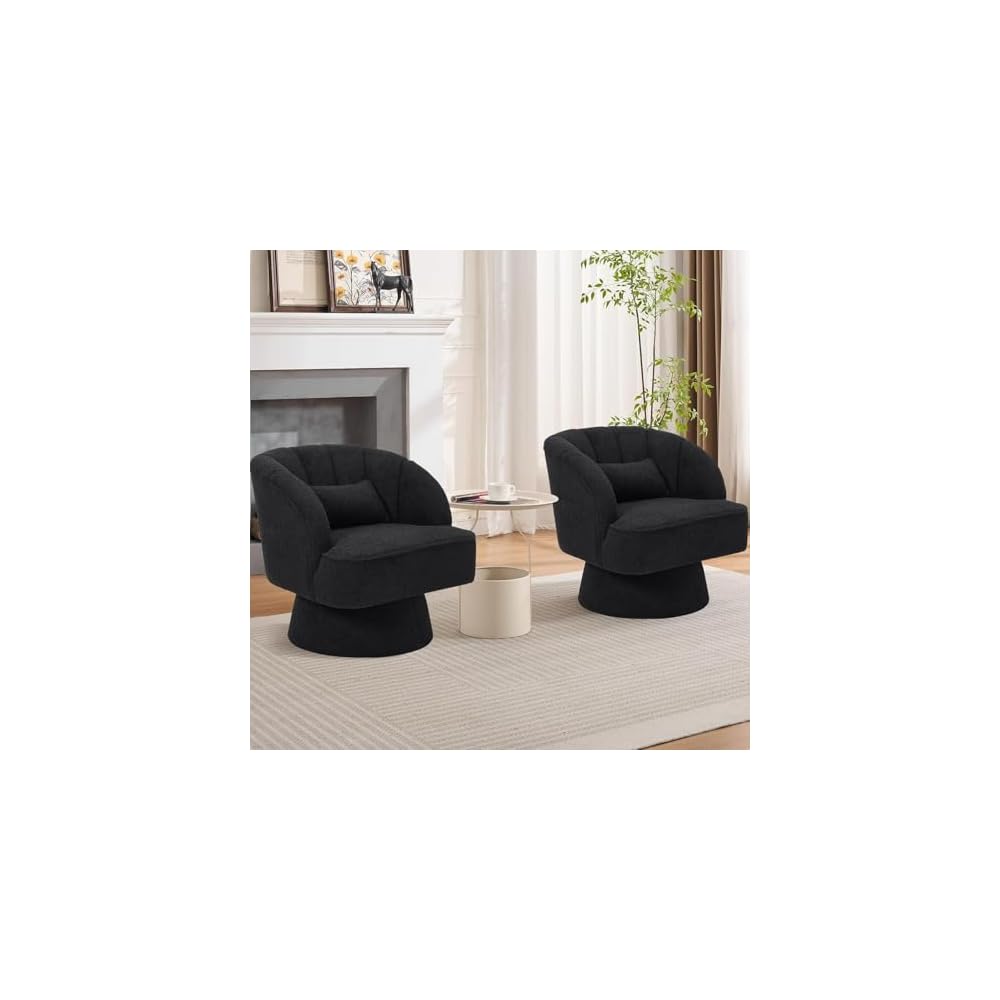 Set of 2 Modern Teddy Fabric Swivel Barrel Chairs, 360° Rotating Lounge Armchairs with Striped Backrest and Soft Cushion, Comfy Accent Chairs for Living Room, Bedroom, or Reading Nook, Black