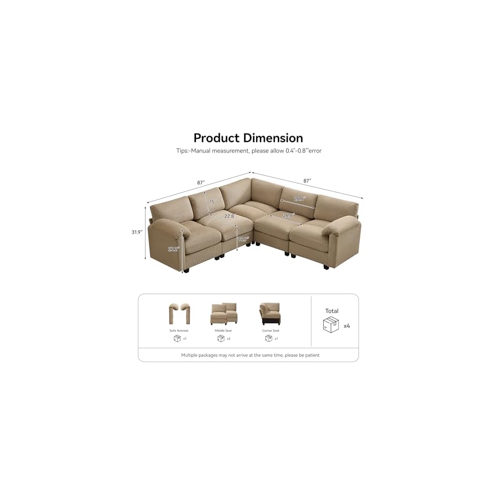 87'' V-Shaped Sectional Sofa Couch, 5-Seater Modular Couches for Living Room, Corduroy Deep Seat Cloud Sofa with Center Stitched, Camel