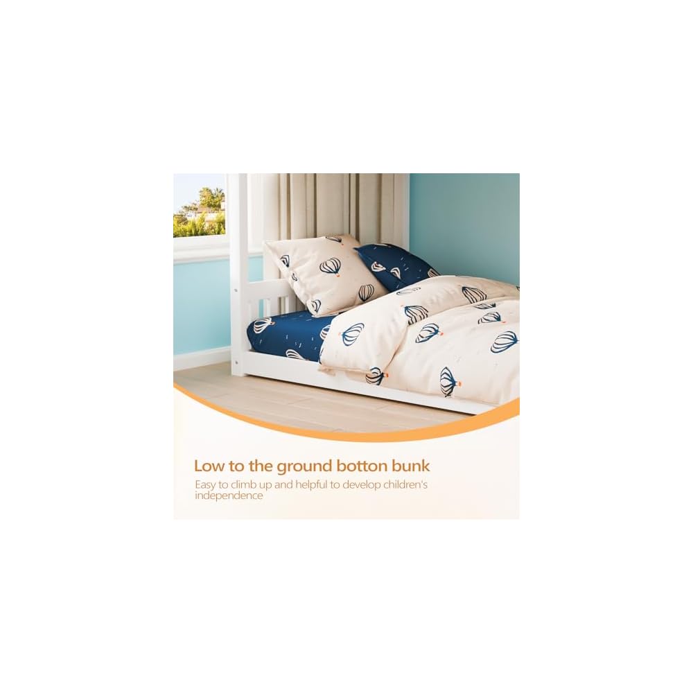JOYMOR Solid Wood Low Twin Over Twin Bunk Bed for Kids/Junior, Bunk Bed Frame with Guardrails & Ladder for Boys Girls, No Box Spring Needed (White)