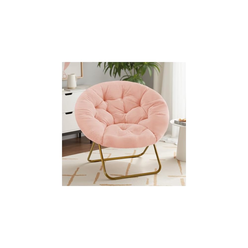 Sweetcrispy Saucer Chairs, Comfy Folding Cozy Faux Fur Living Room Reading Lounge Chair with Soft Thick Padded Seat & Metal Frame Modern Style Bedroom Home Dorm for Kids Adults, X-Large - Peach