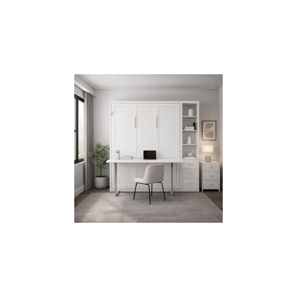 Queen Size Murphy Bed with Desk and Single Side Cabinet, White Wall Bed with Bookcase Shelves, 3 Drawers, Automatic Legs, Hydraulic Assist, Space Saving Bed for Bedroom,Guest Room,Home Office