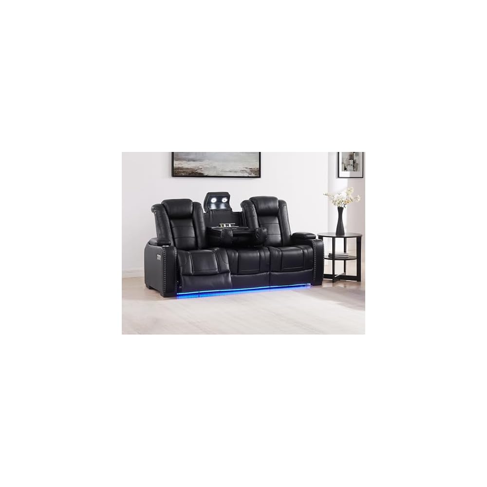 3 Seats Black PU Breather Leather Power Recliner Sofa for Living Room.