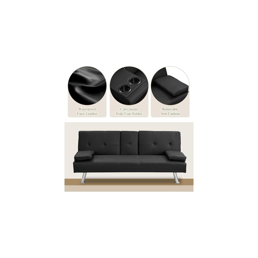 Convertible Folding Futon Sofa Bed with Metal Legs & 2 Cupholders, (Black)
