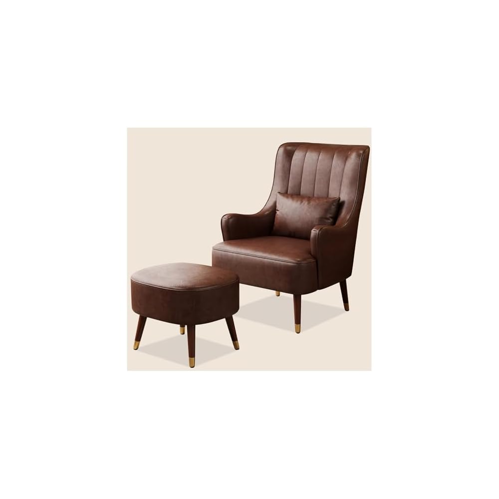 PU Leather Accent Chair Italian Style Single Sofa Genuine Leather Cigar American Style Exquisite Furniture Compression Resistant & Collapse Resistant for Living Lounge Whisky Bar(with Footstool)