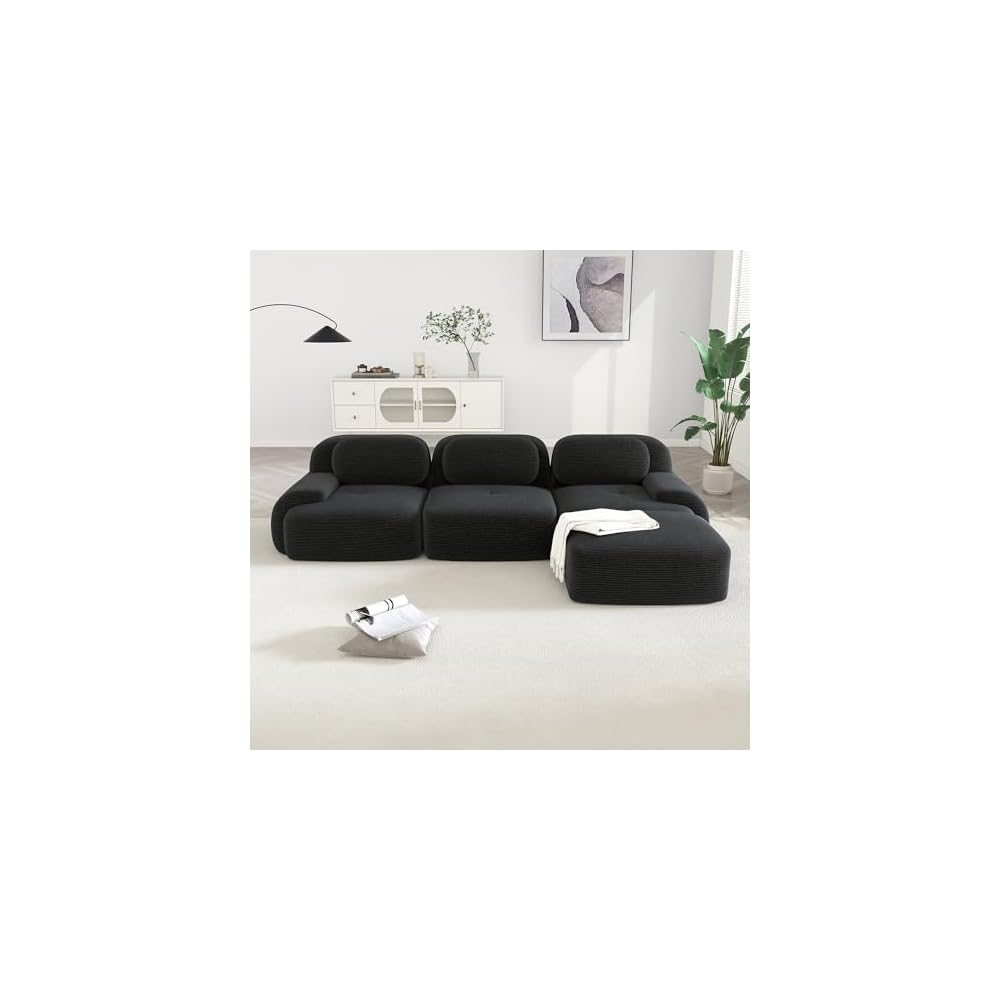 Modular Sectional Sofa Boneless Couch, Cloud Sectional Couches for Living Room, Oversized L Shaped Couch with Deep Seat and Ottoman, Comfy Corduroy Upholstery Black Couches, No Assembly(3S+1O)