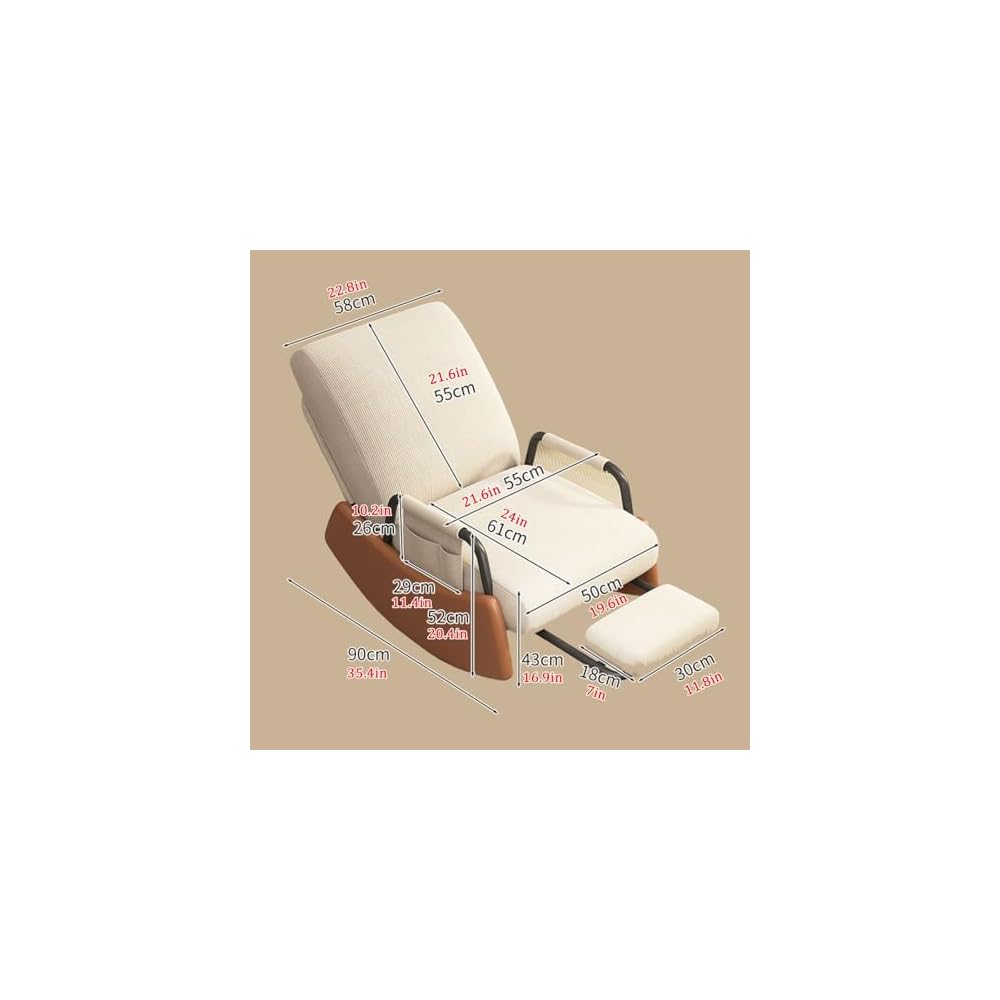 Rocking Chair with Retractable Footrest, Adjustable Backrest, Upholstered Rocker Chair with Side Pocket, Nursery Relax Armchair, Modern Leisure Recliner, for Bedroom, Living Room (Color :