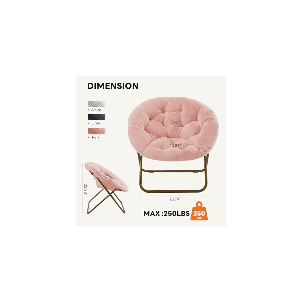 Sweetcrispy Saucer Chairs, Comfy Folding Cozy Faux Fur Living Room Reading Lounge Chair with Soft Thick Padded Seat & Metal Frame Modern Style Bedroom Home Dorm for Kids Adults, X-Large - Peach