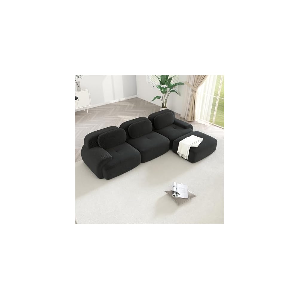 Modular Sectional Sofa Boneless Couch, Cloud Sectional Couches for Living Room, Oversized L Shaped Couch with Deep Seat and Ottoman, Comfy Corduroy Upholstery Black Couches, No Assembly(3S+1O)