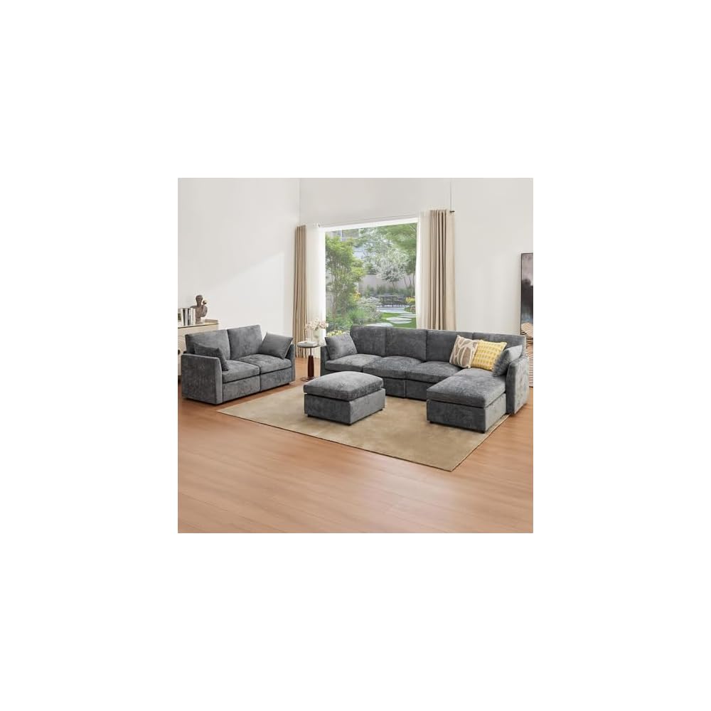 Tbfit Modular Sectional Couch 8 Seat, Cloud Sofa for Living Room, Chenille Sofa Set with Ottoman, Grey