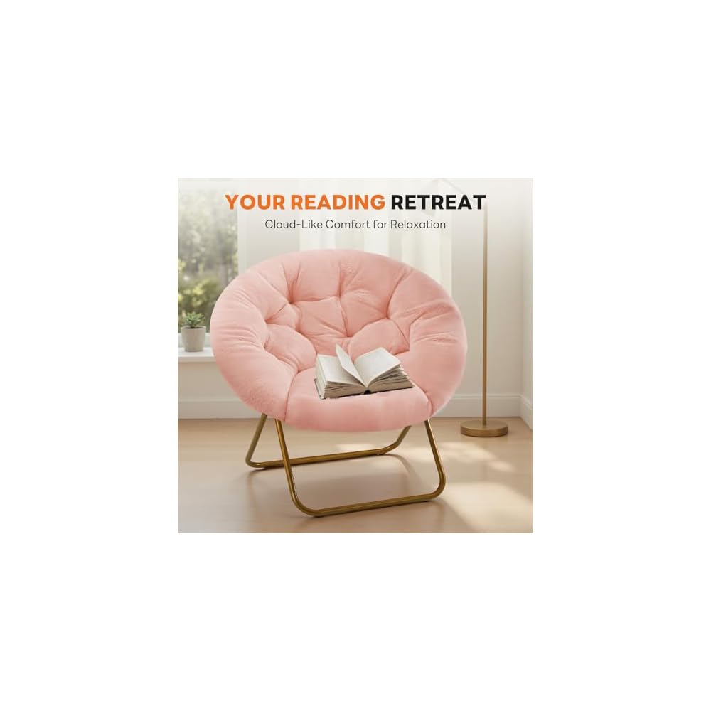 Sweetcrispy Saucer Chairs, Comfy Folding Cozy Faux Fur Living Room Reading Lounge Chair with Soft Thick Padded Seat & Metal Frame Modern Style Bedroom Home Dorm for Kids Adults, X-Large - Peach
