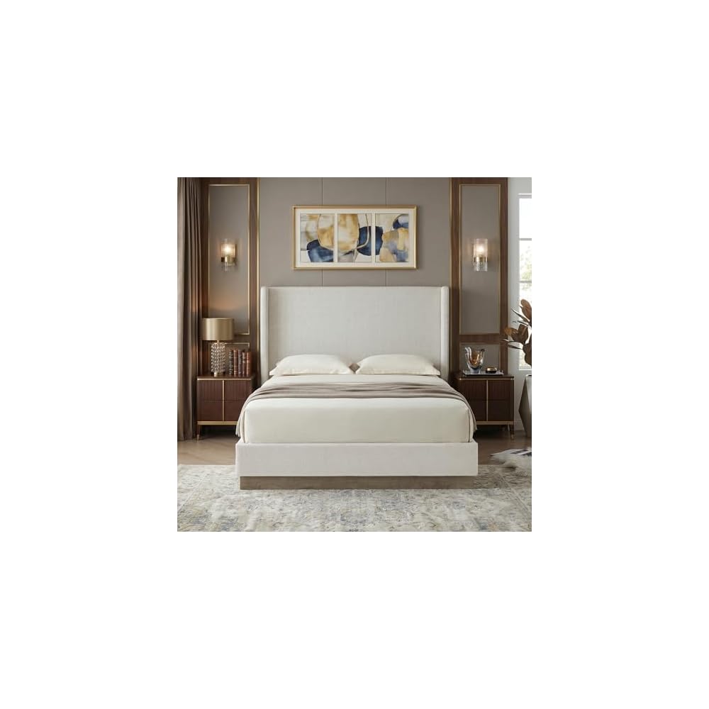 53.1" Extra-Tall Wingback Bed Frame - Luxury Cream White Boucle Upholstered Platform Bed with Gray Oak Wood Base, Heavy Duty 1000lbs, No Box Spring Needed, Noise-Free (Queen)