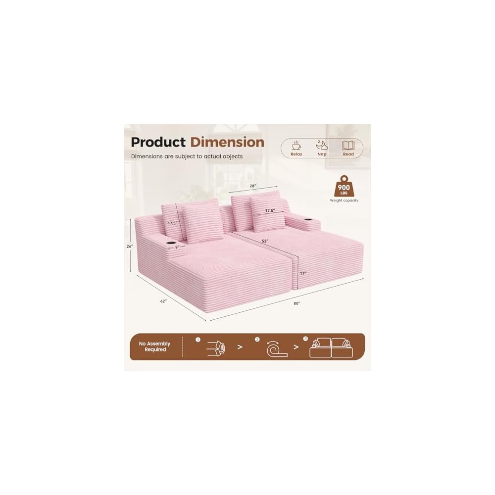 80'' Double Chaise Lounge Chair Indoor, Sofa with Cup Holders 4pcs Pillows