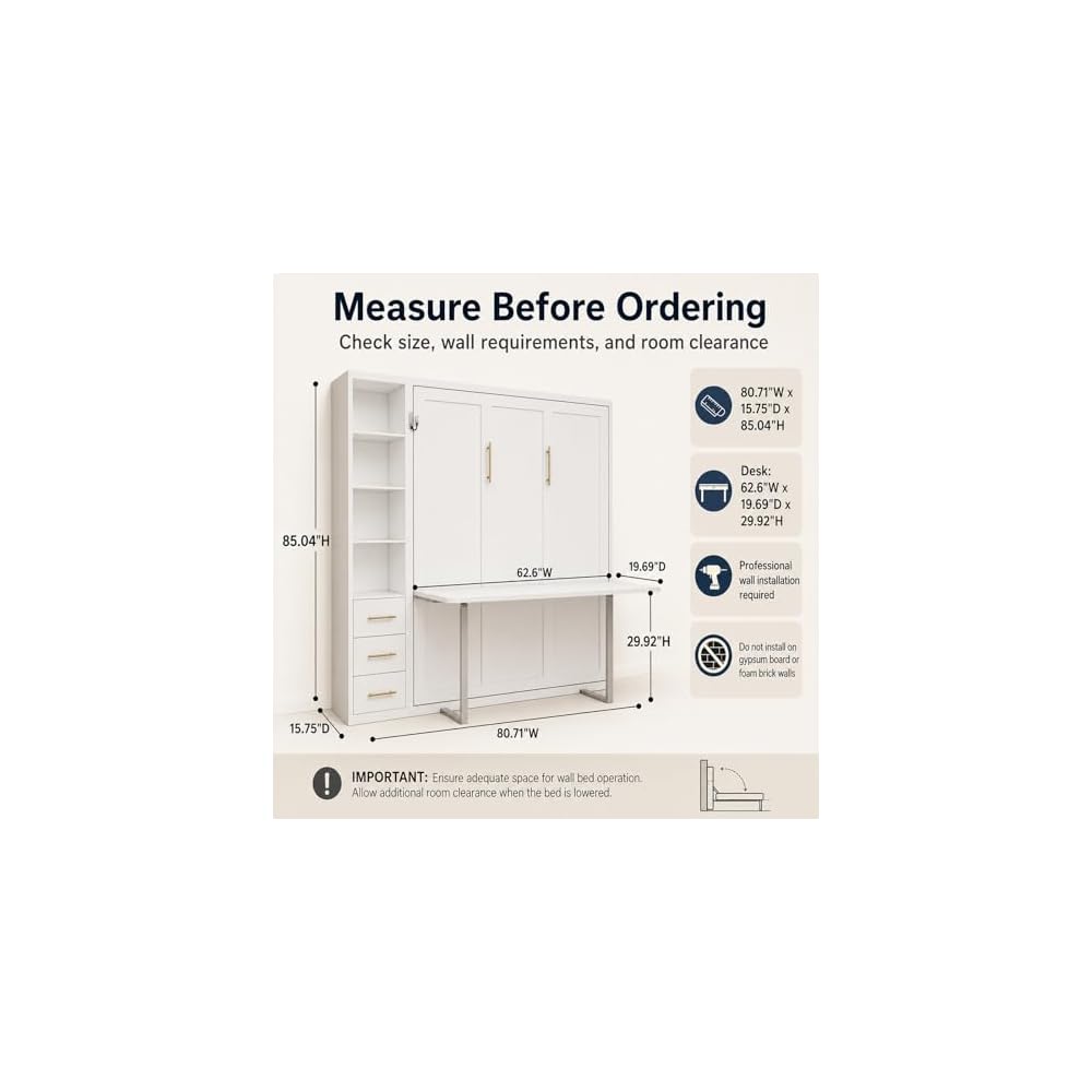Queen Size Murphy Bed with Desk and Single Side Cabinet, White Wall Bed with Bookcase Shelves, 3 Drawers, Automatic Legs, Hydraulic Assist, Space Saving Bed for Bedroom,Guest Room,Home Office