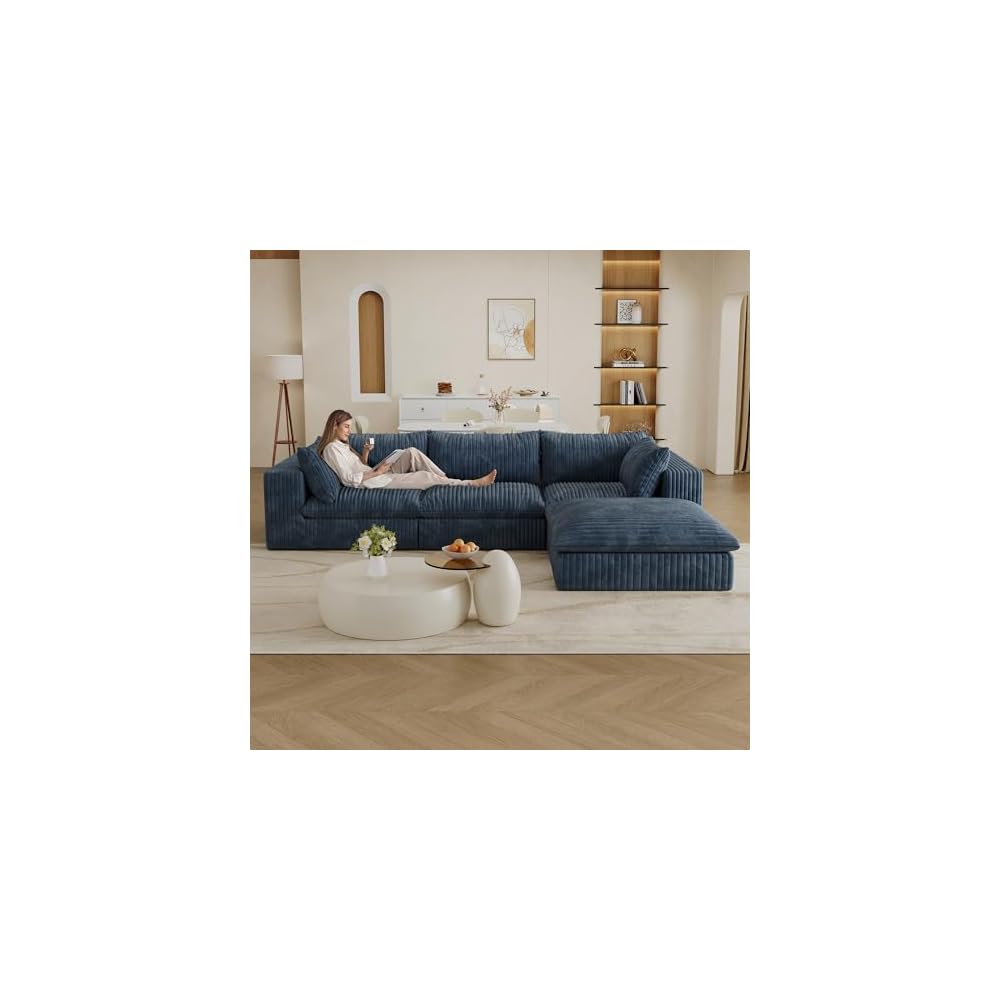 KEIKI 118.2" Oversized Cloud Sofa with Ottoman, Deep Seat Couch with 2 Pillows, DIY Combination Seat for Living Room, Bedroom,Conference Room,Apartment, Blue