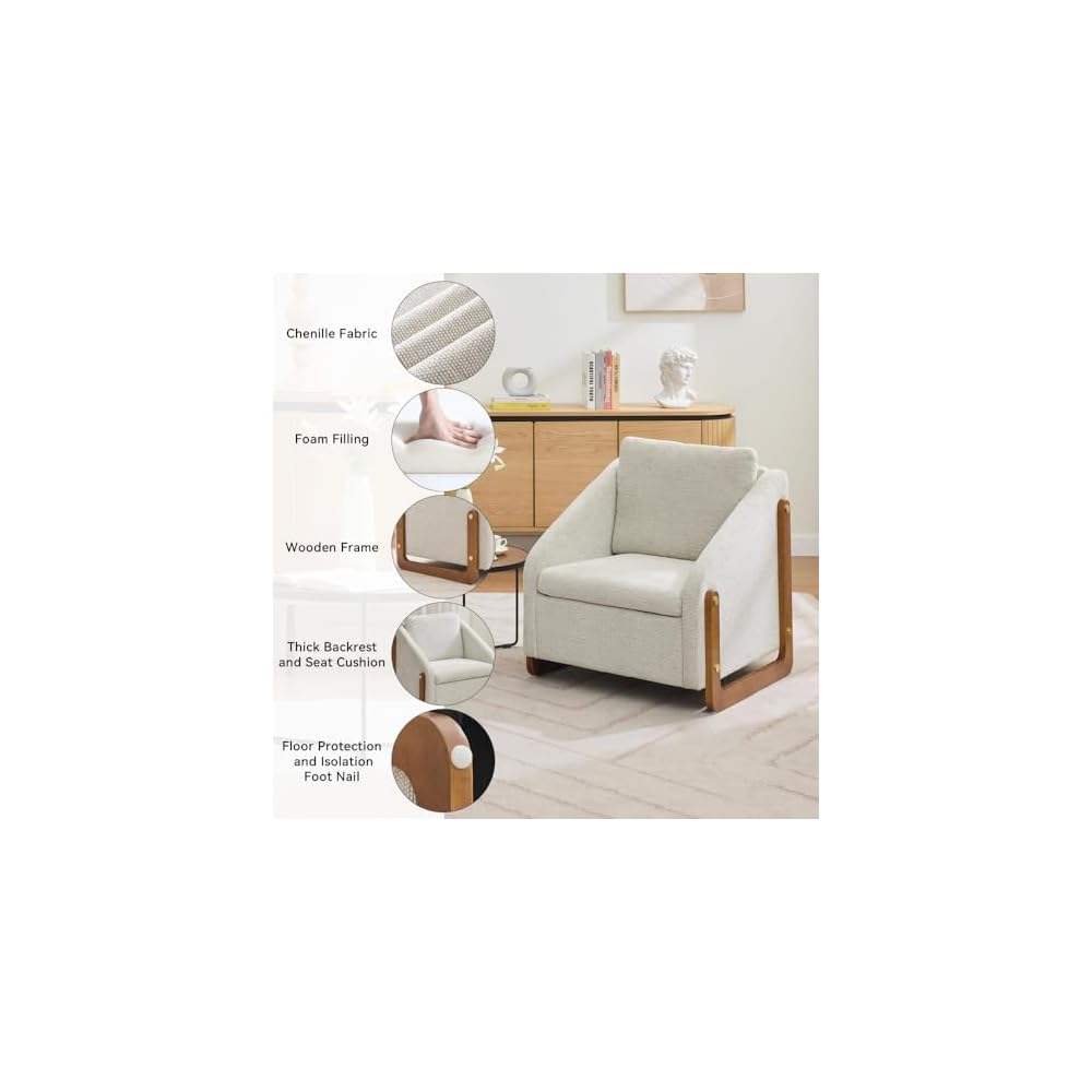 Soft Chenille Fabric Armchair, Cushioned Seat & Ergonomic Backrest - Wooden Side Frame, Blue Accent Chair for Bedroom (28.94") (Beige)