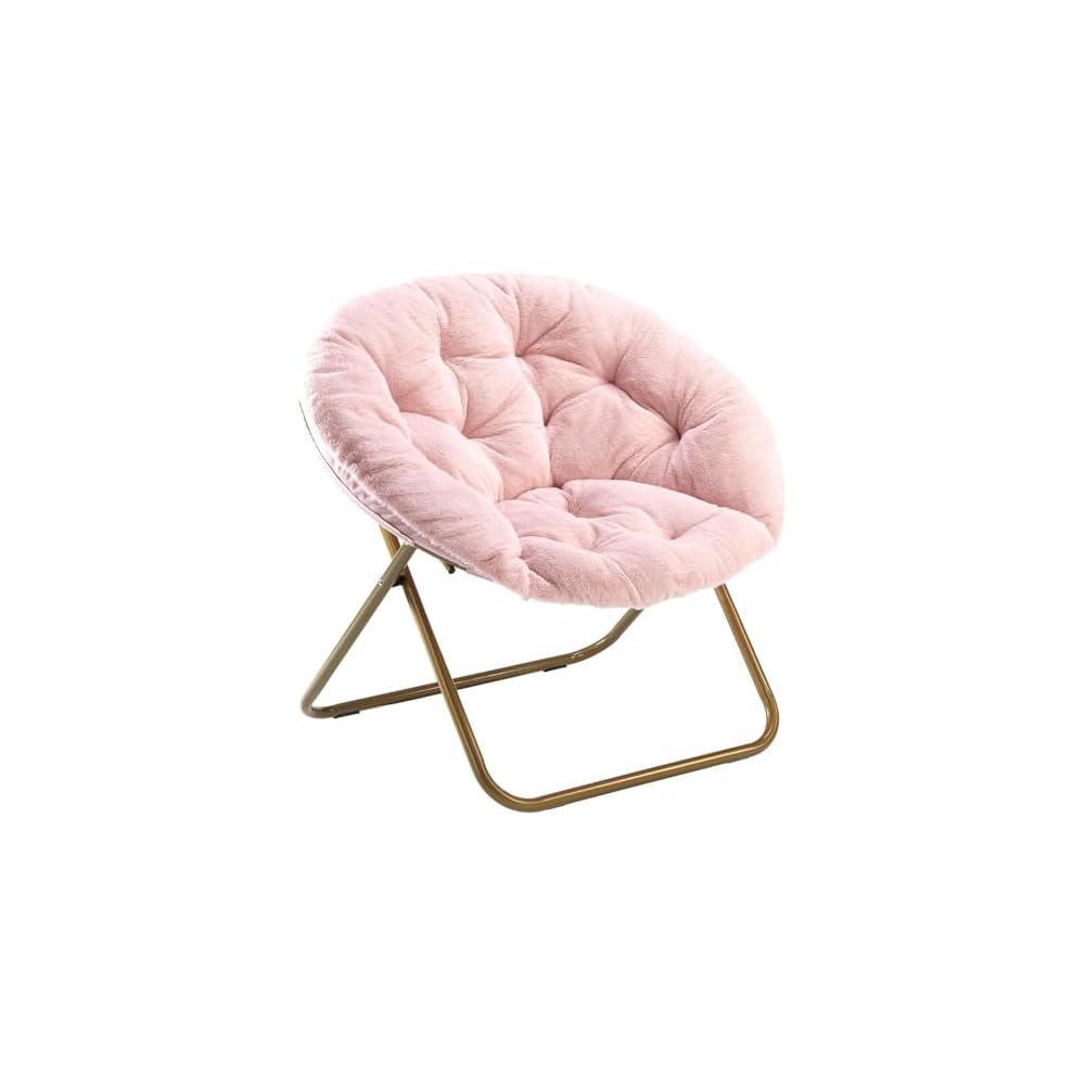 Sweetcrispy Saucer Chairs, Comfy Folding Cozy Faux Fur Living Room Reading Lounge Chair with Soft Thick Padded Seat & Metal Frame Modern Style Bedroom Home Dorm for Kids Adults, X-Large - Peach