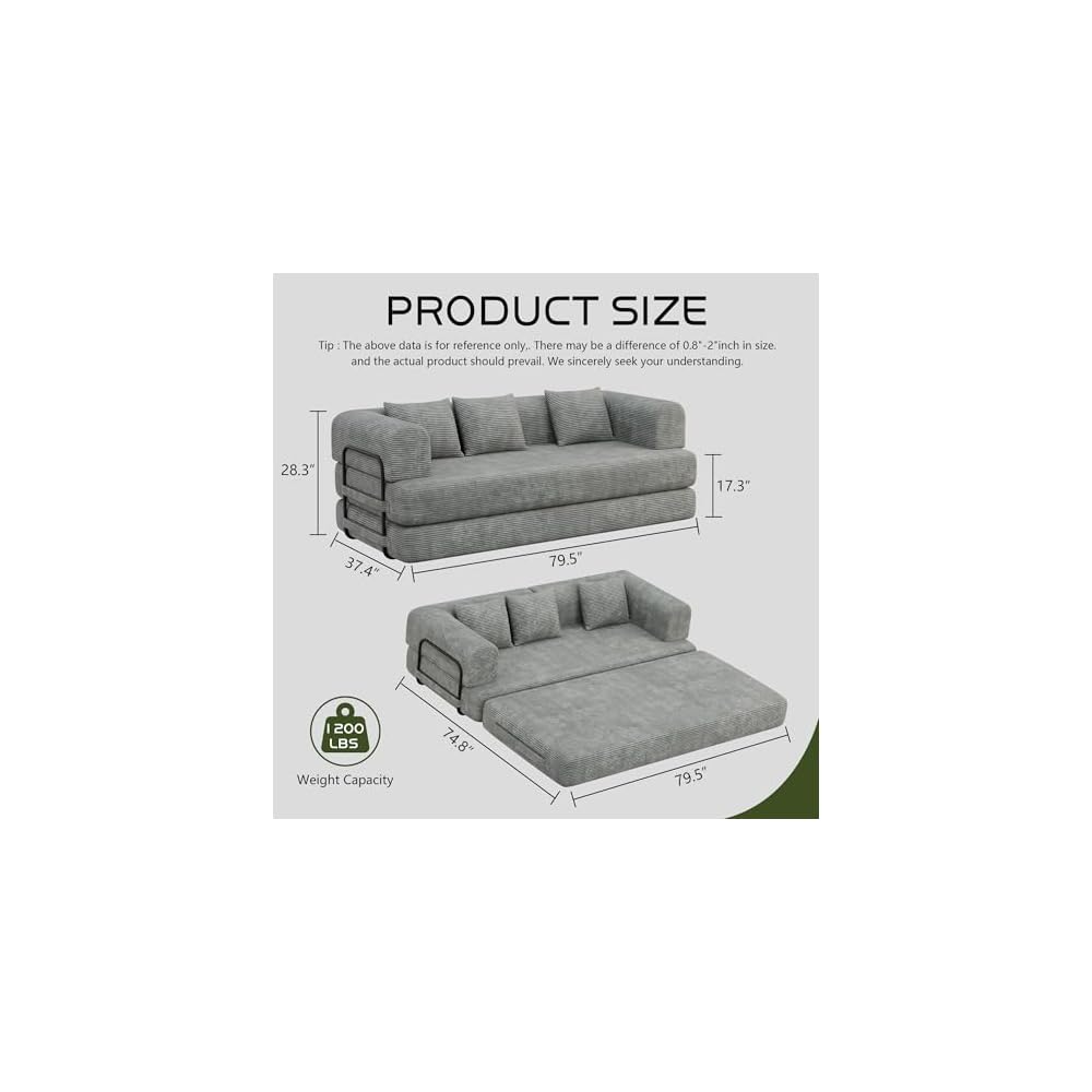 HAOBO Home Convertible Sofa Bed Compression Sofa with Armrests and Backrest Corduroy Sleeper Sofa Bed with 3 Pillows Modular Sectional for Living Room, Bedroom, Lounge, Studio