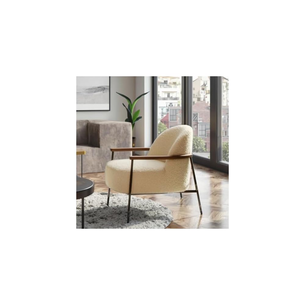 Modern Bouclé Accent Chair with Metal Frame and Wood Armrests, Upholstered Lounge Armchair, Contemporary Leisure Chair for Living Room, Bedroom, Office (White)