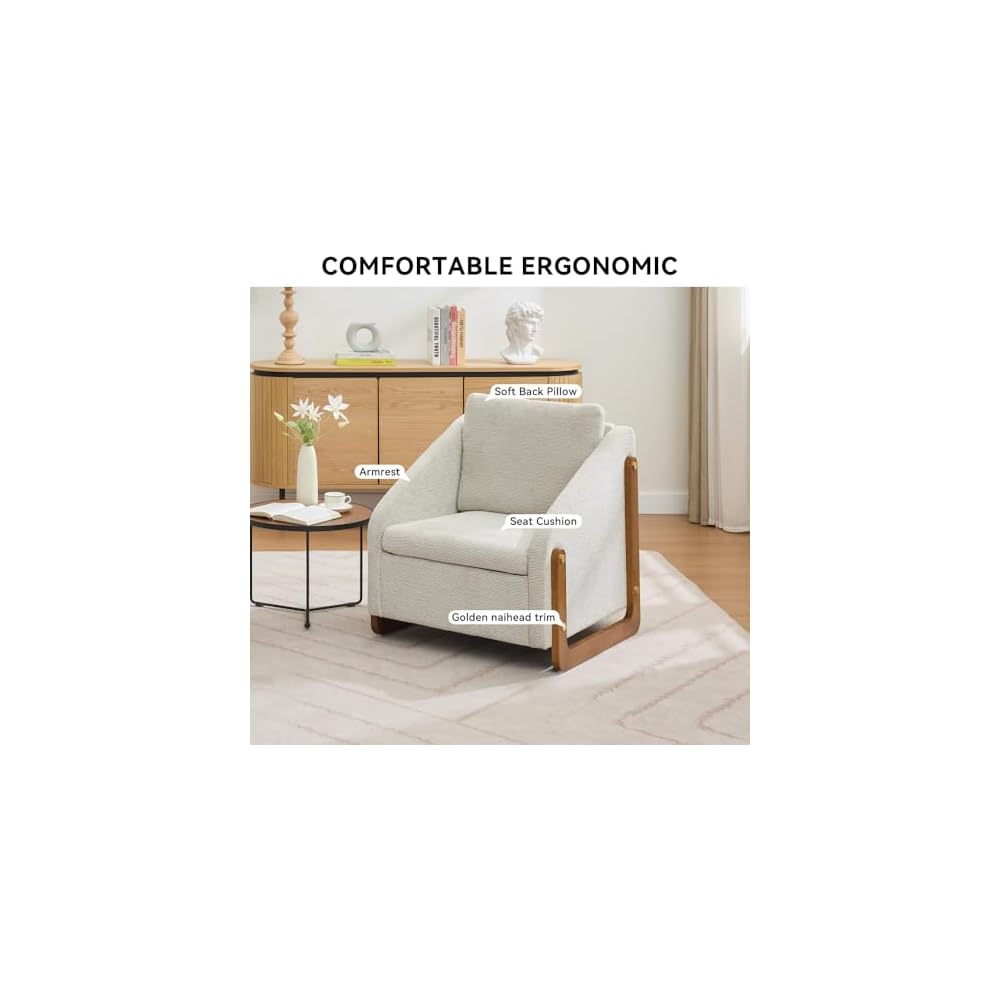Soft Chenille Fabric Armchair, Cushioned Seat & Ergonomic Backrest - Wooden Side Frame, Blue Accent Chair for Bedroom (28.94") (Beige)