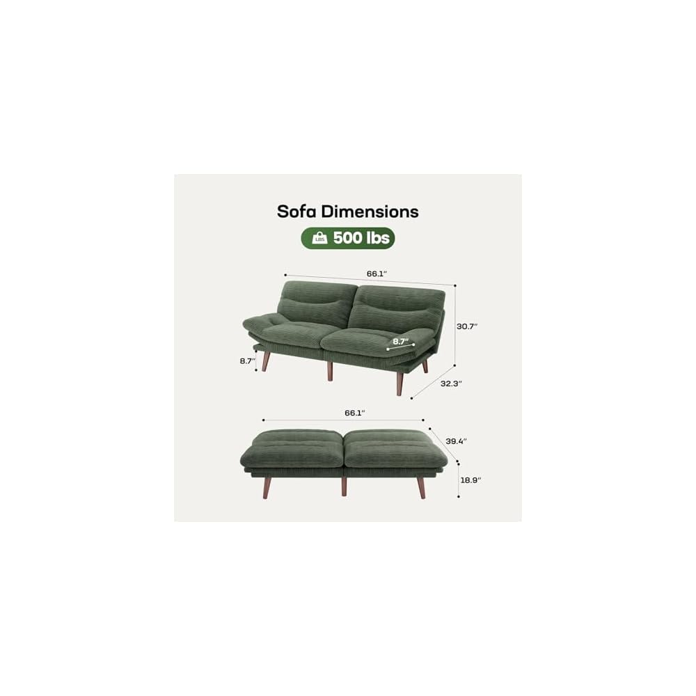 Marsail Futon Sofa Bed, Corduroy Futon Couch with Adjustable Backrest & Armrests, Convertible Small Sleeper Sofa Bed for Small Apartments, Study Room, Office, Green