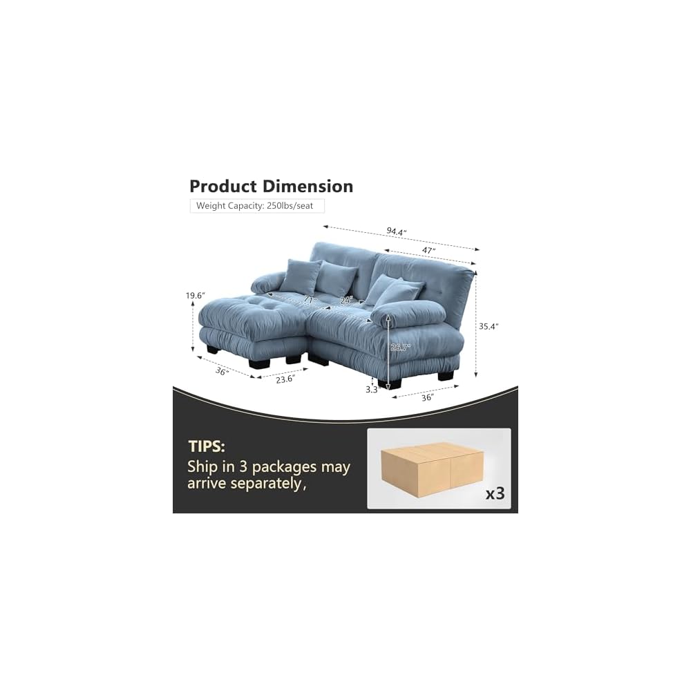 94.4" Convertible Modular Sectional Sofa, Modern Chenille L-Shaped Couch with Ottoman, Comfy 2 Seater Cloud Loveseat Sofa for Small Space, Bedroom, Upholstered Couches for Living Room, Blue