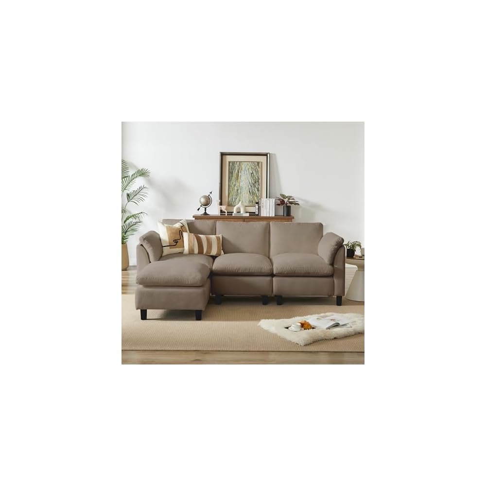 87" Convertible Sectional Sofa Couch,3 Seat L Shaped Sofa with Removable Ottoman,Comfy Chenille Fabric Small Cloud Couch for Living Room, Apartment and Office(Brown)